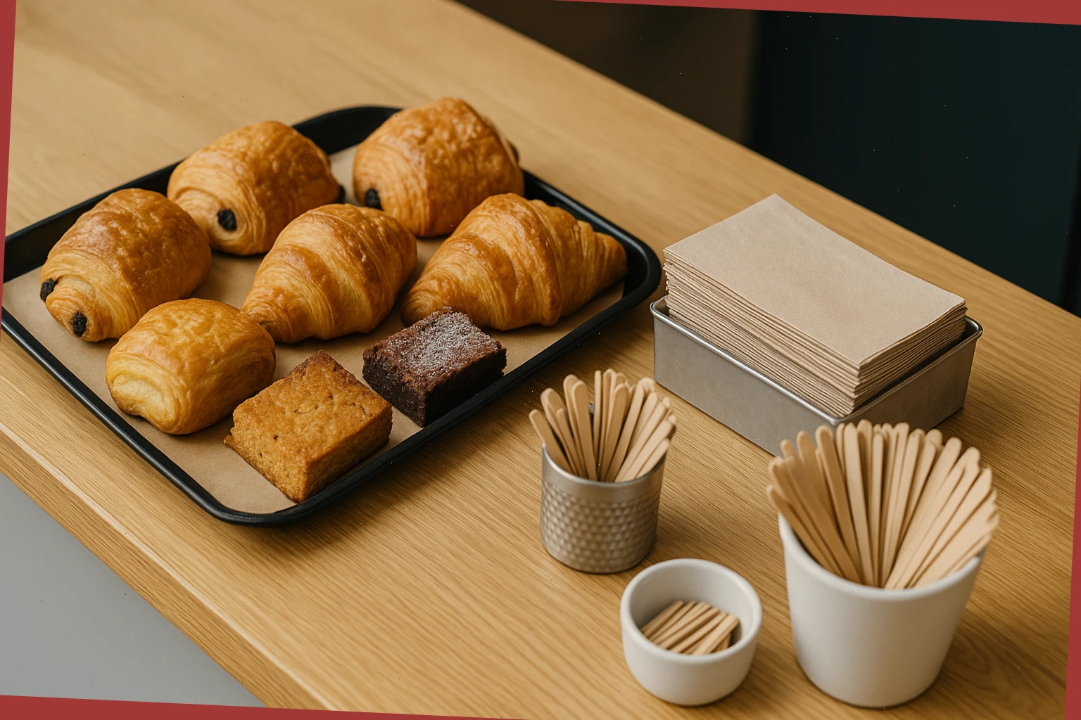 Tray of simple pastries and brownies beside napkins and stirrers