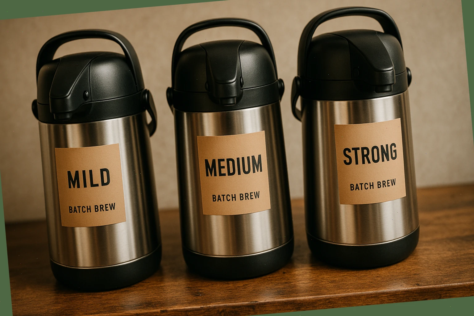 Thermal airpots for batch brew with labelled strength notes