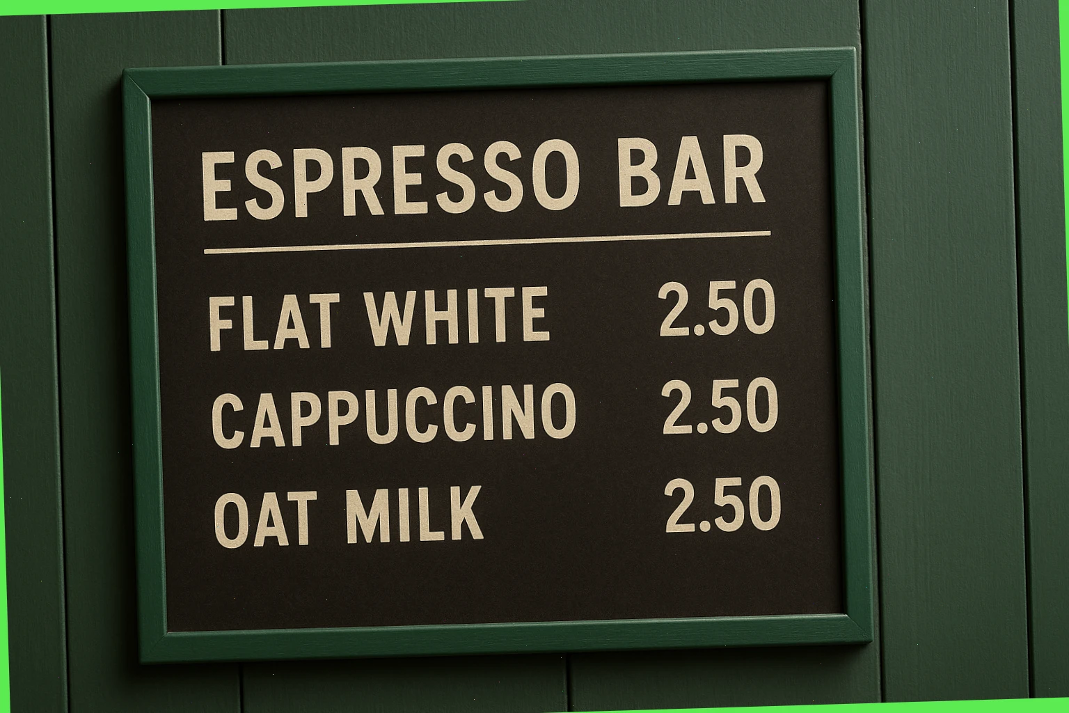 Espresso bar menu board with flat white, cappuccino and oat milk options