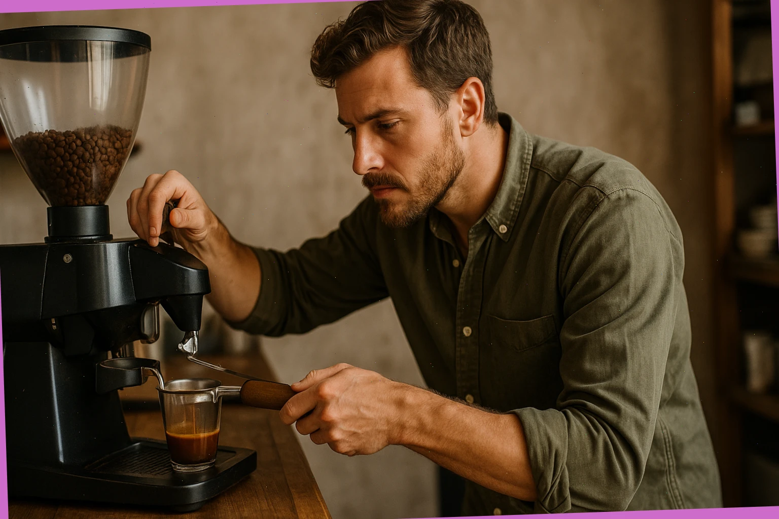 Barista dialling in a grinder and checking espresso flow