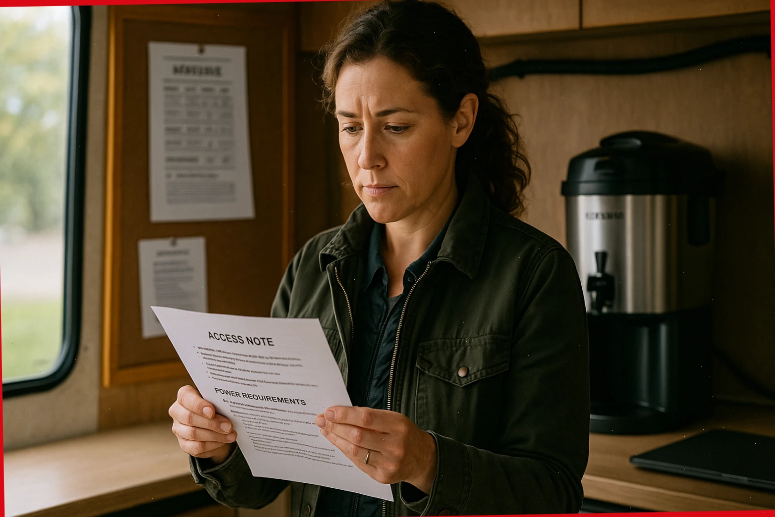 Operations coordinator reviewing access notes and power needs